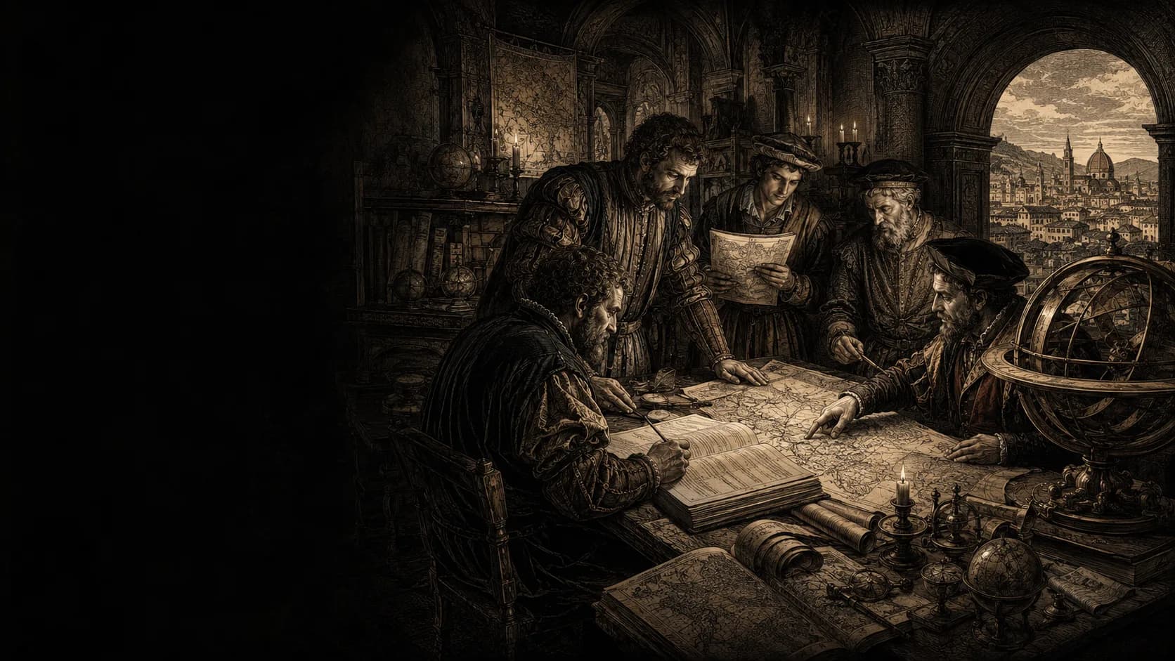 A Renaissance workshop studying maps and evidence together